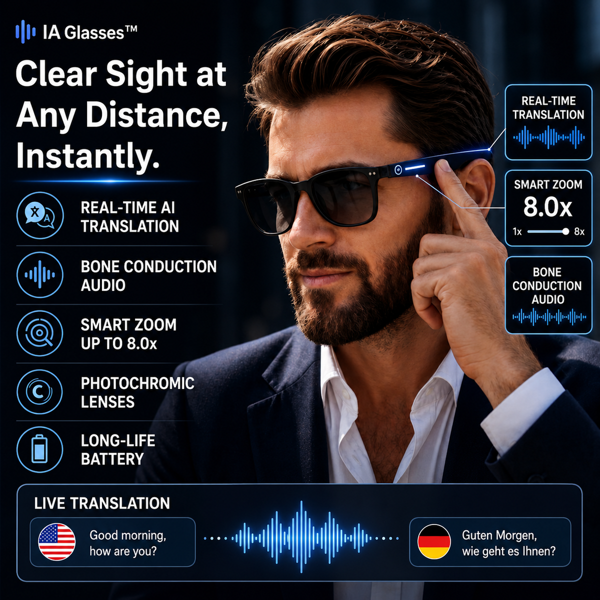 Smart Translation Sunglasses with AI Zoom