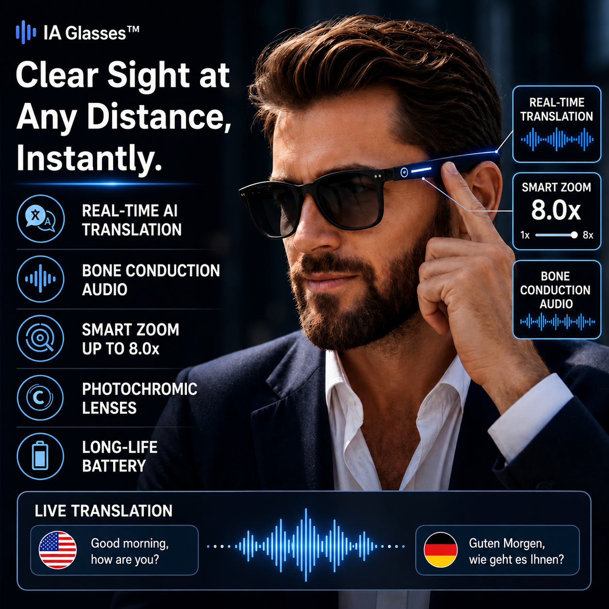 Smart Translation Sunglasses with AI Zoom