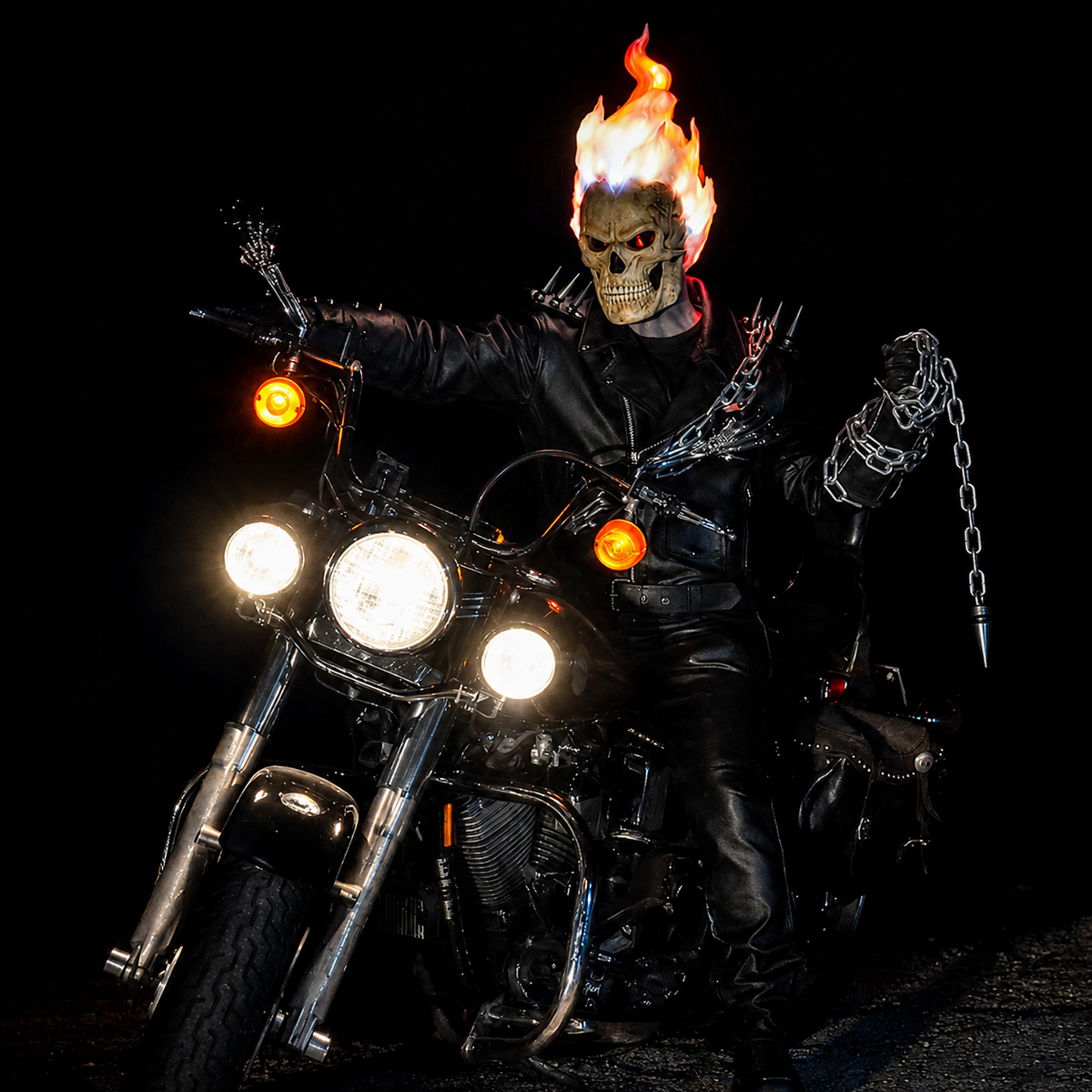 Skull mask with hair made of fire and night-vision eyes.